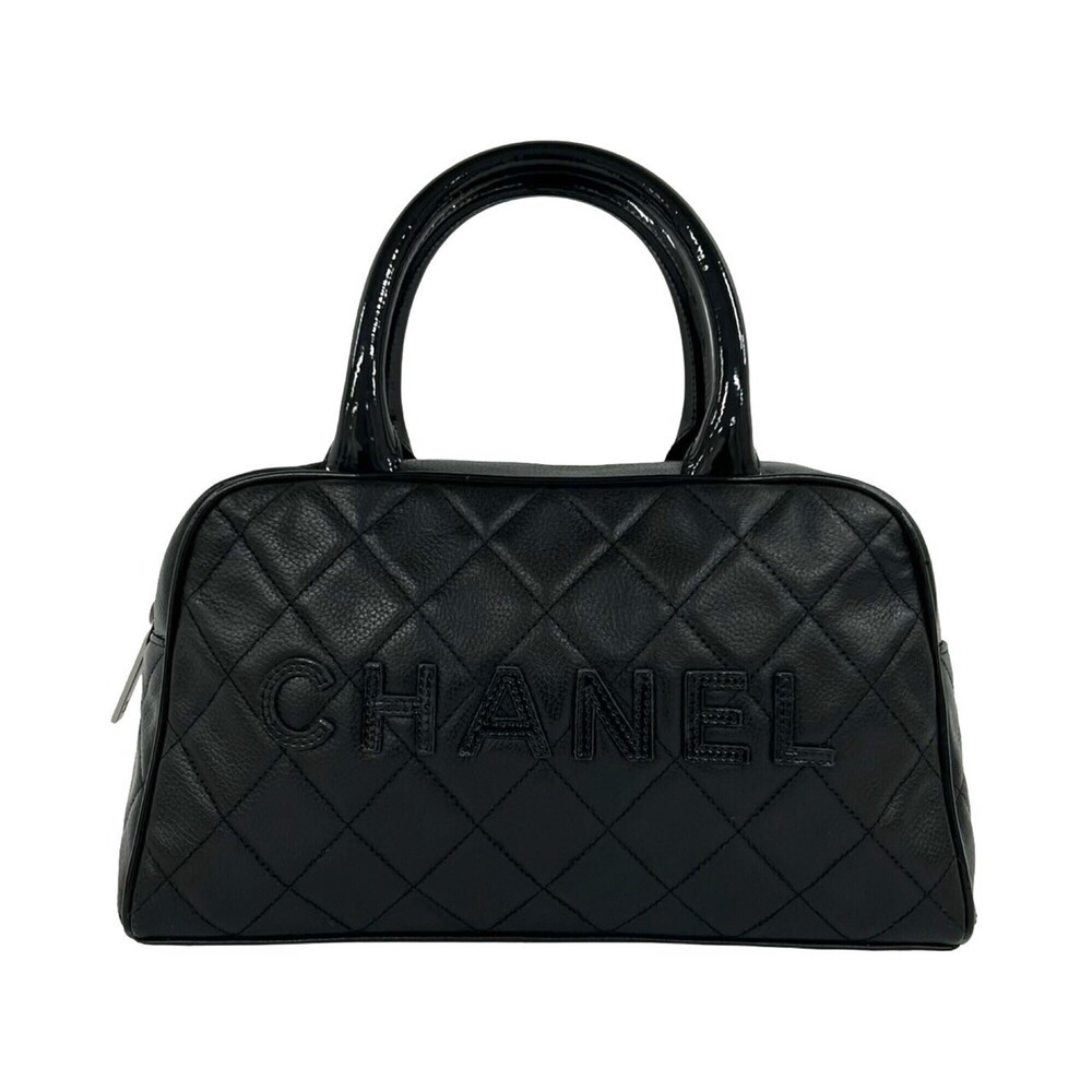 CHANEL Chanel Logo Leather Patent Handbag Mini Boston Bag Black 15-10
